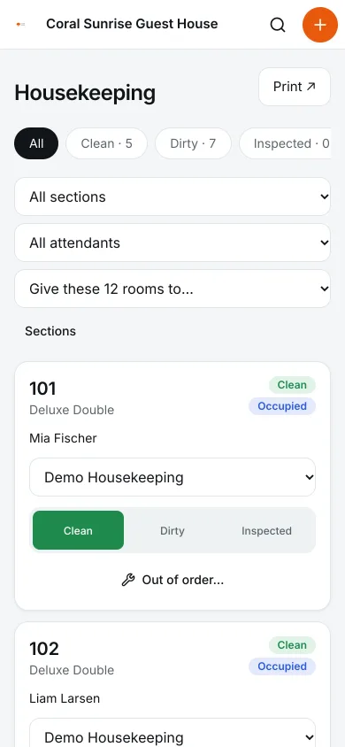 Housekeeping board with room cards and status buttons on a phone