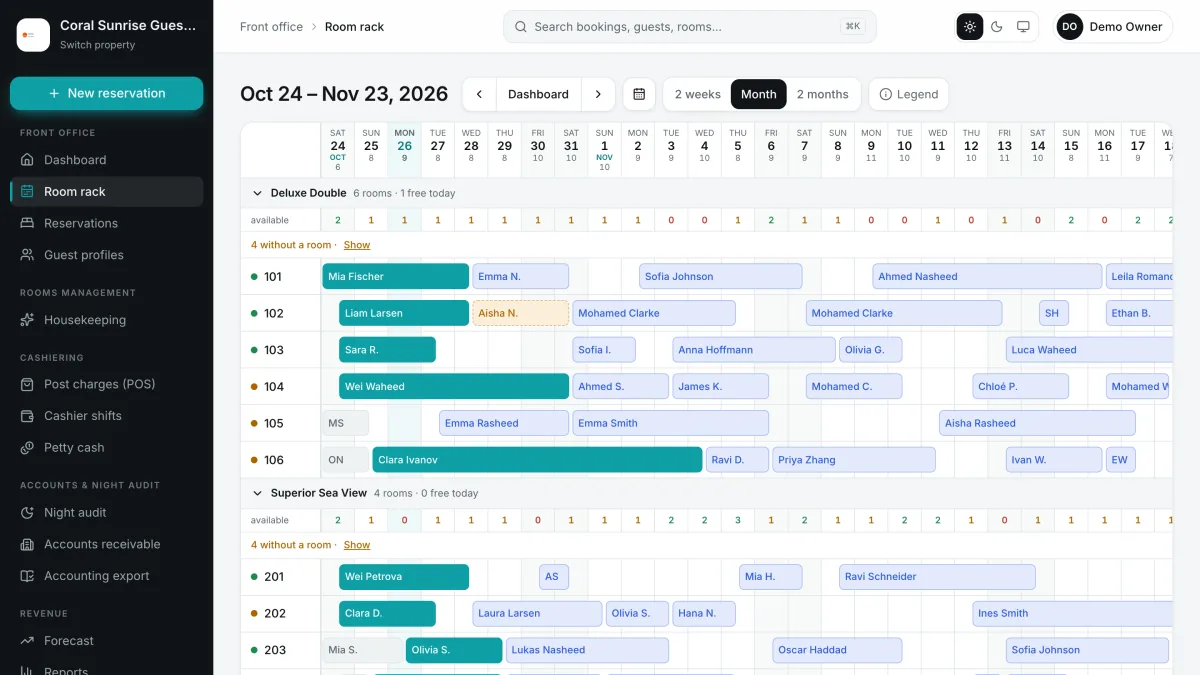 Room rack showing bookings across rooms and dates