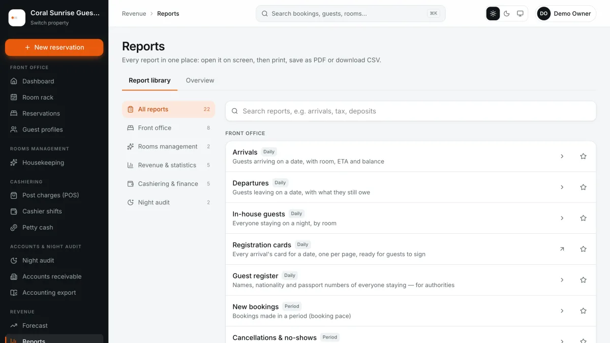 Report library with front office, revenue and cashiering reports